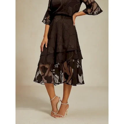 Women's Skirt Elegant Midi Mid Waist Skirts Floral Layered Inelastic Party Causal Brown Summer Chiffon