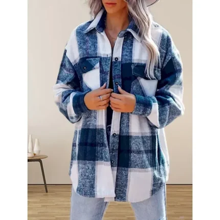 Women's Shirt Jacket Comfortable Breathable Zipper Pocket Casual Plaid Vacation Street Casual Daily Wear Single Breasted Regular Turndown Regular Fit Long Sleeve Outerwear Royal Blue Green Khaki