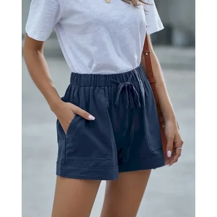 Women's Linen-Inspired Pants Shorts Slacks Fashion Streetwear Short Natural Plain Pocket Elastic Drawstring Design Comfy Outdoor Outdoor Street claret Azure Depression Green Navy Summer Regular Fit